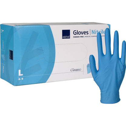 Um pacote de luvas de nitrilo Classic, sem pó, azul, tamanho Large da Abena Re-Seller GmbH - uma única luva azul está em pé ao lado da embalagem branco-azul e é ideal para instalações médicas.
