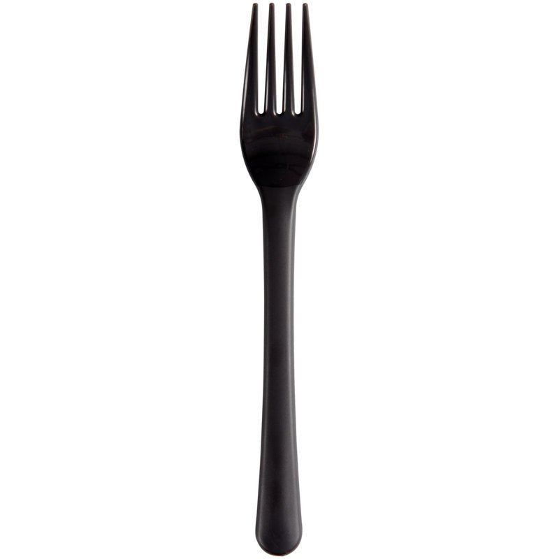 Um único garfo reutilizável preto (18cm, PP) da Abena Re-Seller GmbH está centralizado sobre um fundo branco. Esta alternativa de talheres ecológica e sustentável tem quatro dentes e um cabo ligeiramente curvado. Embalagem: 50 unidades.