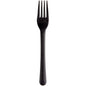 Um único garfo reutilizável preto (18cm, PP) da Abena Re-Seller GmbH está centralizado sobre um fundo branco. Esta alternativa de talheres ecológica e sustentável tem quatro dentes e um cabo ligeiramente curvado. Embalagem: 50 unidades.