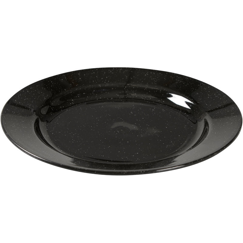 O prato reutilizável Abena Re-Seller GmbH, preto: um prato redondo, preto brilhante com discretas manchas brancas - uma alternativa ecológica para a sua mesa, apresentado de um ângulo ligeiramente elevado sobre fundo branco.