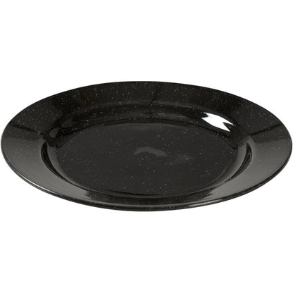 O prato reutilizável Abena Re-Seller GmbH, preto: um prato redondo, preto brilhante com discretas manchas brancas - uma alternativa ecológica para a sua mesa, apresentado de um ângulo ligeiramente elevado sobre fundo branco.