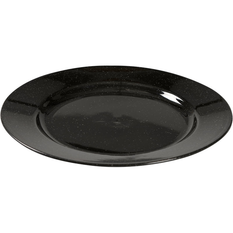 O prato reutilizável, preto da Abena Re-Seller GmbH é um prato redondo, preto brilhante com uma borda ligeiramente elevada - uma alternativa ecológica para a sua mesa, apresentado em design simples sobre fundo branco.