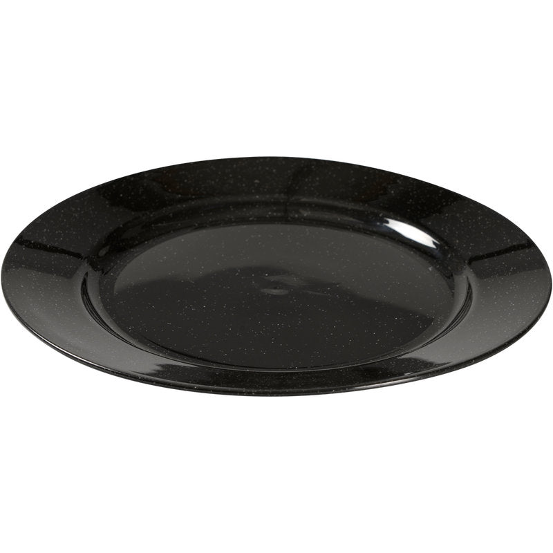 O prato reutilizável Abena Re-Seller GmbH, preto destaca-se por uma superfície brilhante com manchas pretas e um design redondo - uma alternativa ecológica para uma mesa elegante, apresentado sobre fundo branco.