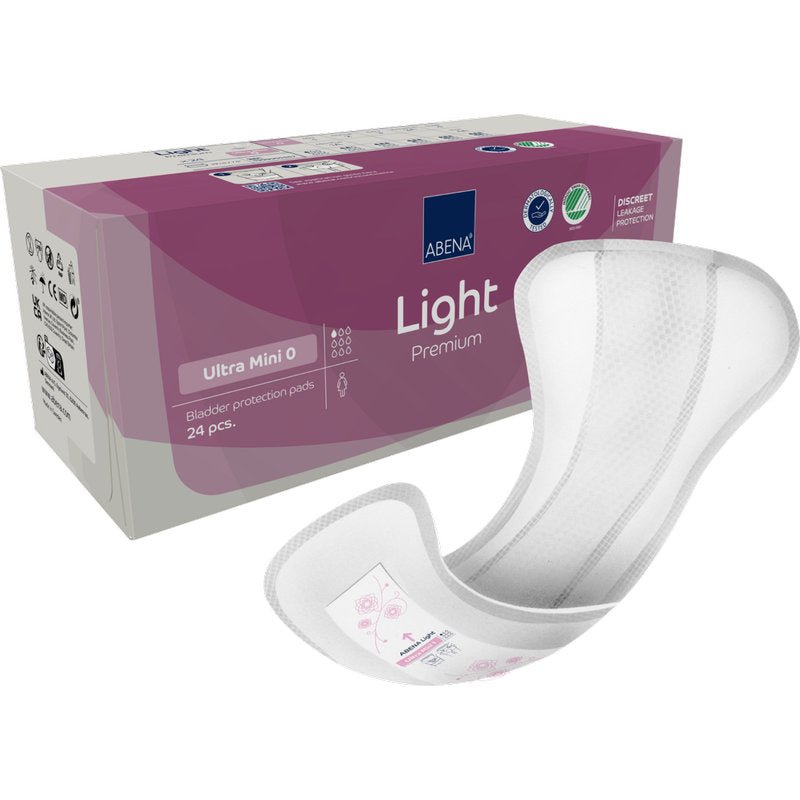 Uma embalagem ABENA Light Ultra Mini 0, Premium (24 unidades) da Abena Re-Seller GmbH é apresentada ao lado de um único absorvente curvado, com informações do produto e símbolos de certificação na embalagem.