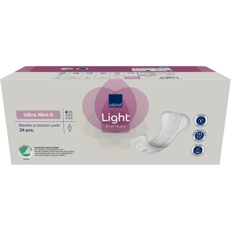 Uma caixa bege com acentos roxos contém 24 pensos higiénicos ABENA Light Ultra Mini 0, Premium da Abena Re-Seller GmbH, com ícones para capacidade de absorção e compatibilidade com a pele.