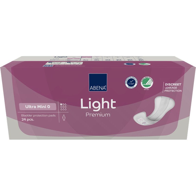 Uma caixa retangular ABENA Light Ultra Mini 0, Premium da Abena Re-Seller GmbH (24 unidades) possui um design roxo, uma imagem do produto e ícones que destacam a proteção discreta para usuárias de pensos higiénicos.