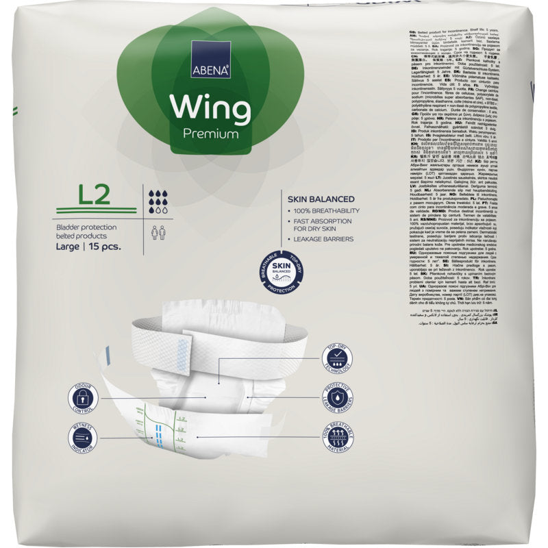 Ein 15er-Pack ABENA Wing Premium Blasenschutzeinlagen, große Größe, von Abena Re-Seller GmbH. Die weiße Verpackung mit grünen und blauen Akzenten zeigt auf der Vorderseite eine Abbildung der Einlage für Komfort und Schutz.
