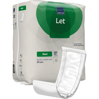 Mostrado está um pacote de ABENA Let Blasenschutzeinlagen da Abena Re-Seller GmbH com design branco e verde, uma bolsa fácil de carregar, uma imagem da almofada na frente, absorção extra e 28 unidades por pacote.