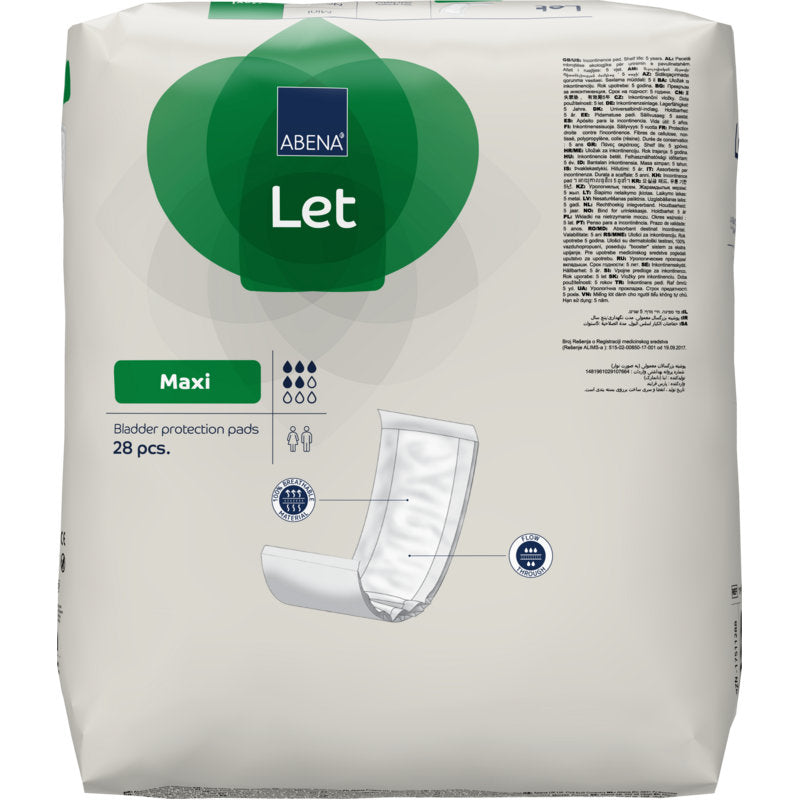Um pacote de ABENA Let Blasenschutzeinlagen da Abena Re-Seller GmbH com o nome do produto, tipo de almofada, capacidade de absorção, número de 28 almofadas e uma imagem da almofada em fundo branco e verde.