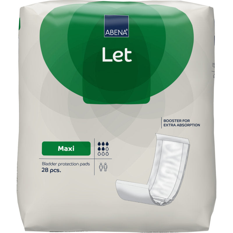 Um pacote de ABENA Let da Abena Re-Seller GmbH tem um design verde e branco, uma imagem do produto, 28 tampões extra absorventes por pacote e inclui a bolsa ABENA Let para fácil transporte.