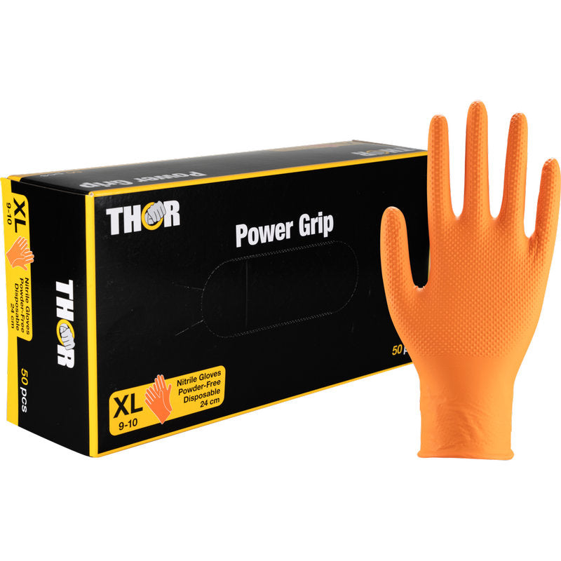 Eine Schachtel Abena Re-Seller GmbH Thor Power Grip Orange Nitrilhandschuhe, Größe XL, mit einem Handschuh aufrecht neben der Verpackung. Die Schachtel zeigt, dass es sich um Einweghandschuhe handelt, die puderfrei sind und sich ideal für Arbeiten eignen, bei denen zusätzliche Griffkraft erforderlich ist.
