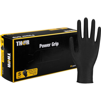 Uma caixa Thor Power Grip, Preto da Abena Re-Seller GmbH, tamanho S 6-7, com uma luva mostrada em pé. Perfeito para treino de força ou levantamento de peso; a caixa contém 50 luvas descartáveis sem pó.