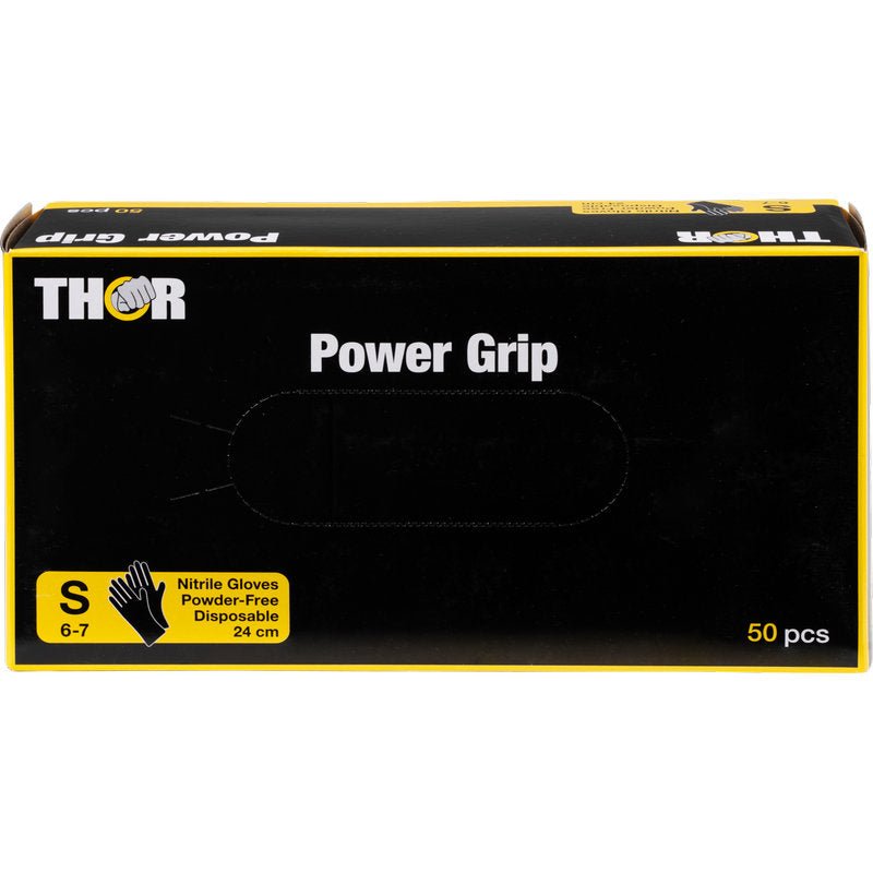 Uma caixa preta com a inscrição "Thor Power Grip, Preto" da Abena Re-Seller GmbH contém 50 luvas pequenas, descartáveis, sem pó, feitas de nitrilo para treino de força ou levantamento de peso. Um rótulo amarelo na frente mostra o tamanho S e o comprimento da luva de 24 cm.