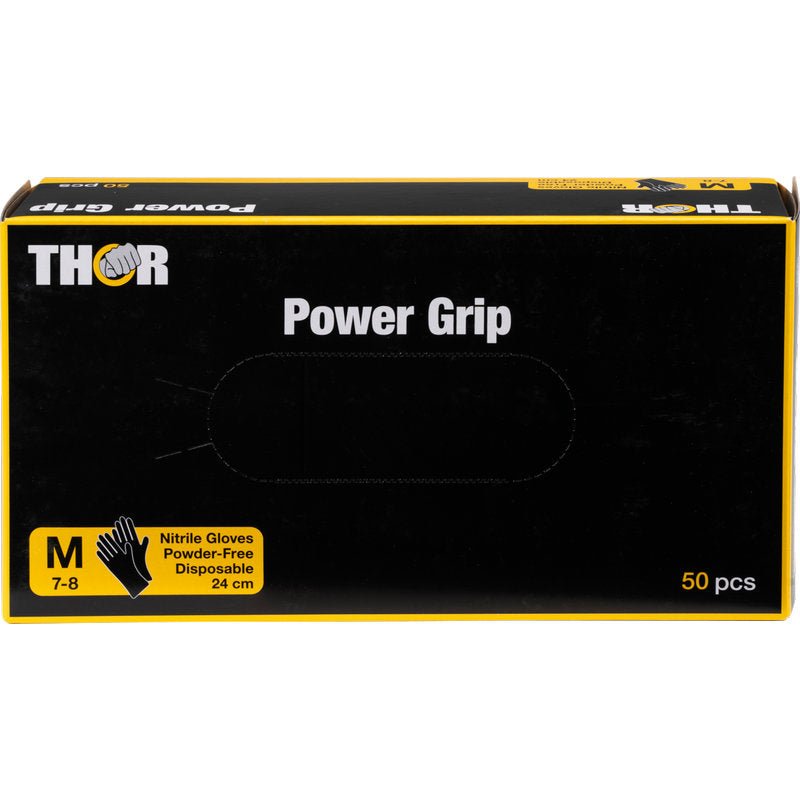 Uma caixa Thor Power Grip, Preto da Abena Re-Seller GmbH, contém 50 luvas descartáveis de nitrilo de tamanho médio (7-8), sem pó (24 cm). Preto com detalhes amarelos e imagem da luva. Ideal para treino de força ou levantamento de peso.