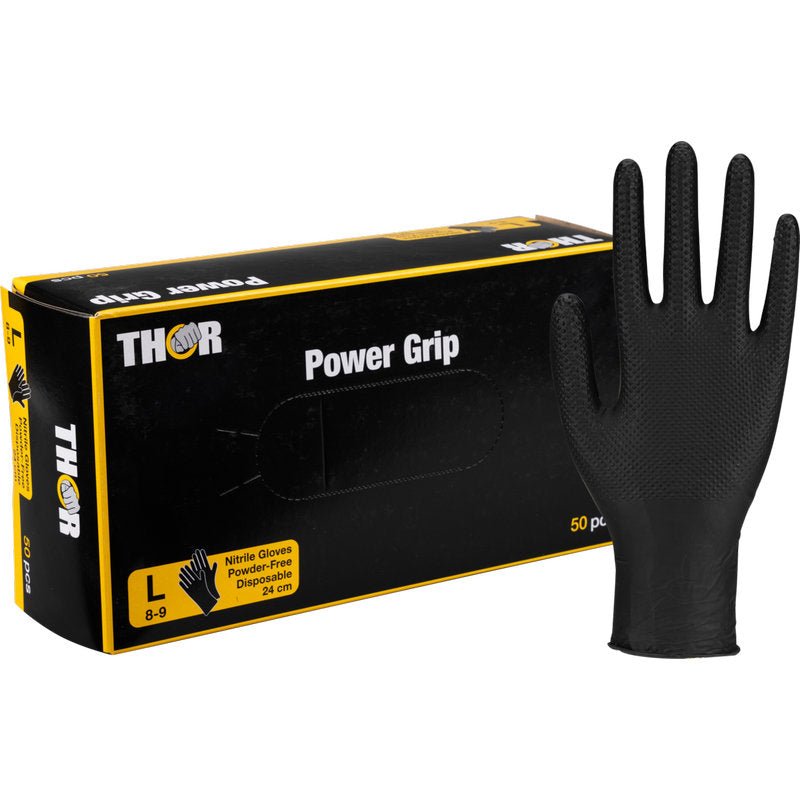 Uma caixa Thor Power Grip, Preto da Abena Re-Seller GmbH (luvas de nitrilo pretas, grandes, sem pó) com uma luva em pé. A embalagem mostra 50 luvas descartáveis - ideal para treino de força ou levantamento de peso.