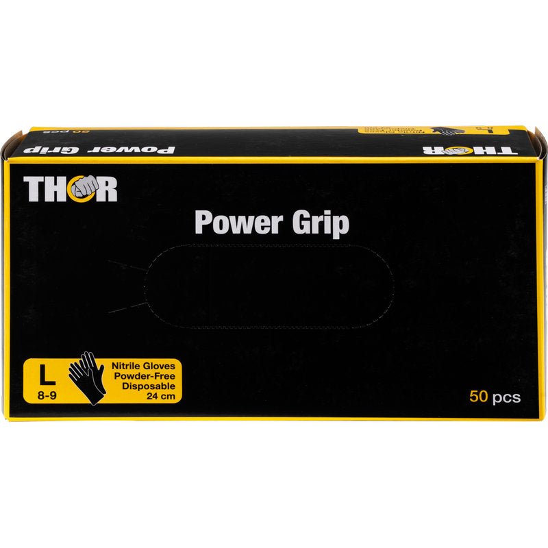 Uma caixa preta com a inscrição "Thor Power Grip, Preto" da Abena Re-Seller GmbH contém 50 luvas de nitrilo grandes (tamanho L, 8-9), 24 cm de comprimento, sem pó, ideal para treino de força e levantamento de peso. Texto e gráficos são amarelos e brancos.