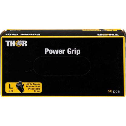 Uma caixa preta com a inscrição "Thor Power Grip, Preto" da Abena Re-Seller GmbH contém 50 luvas de nitrilo grandes (tamanho L, 8-9), 24 cm de comprimento, sem pó, ideal para treino de força e levantamento de peso. Texto e gráficos são amarelos e brancos.