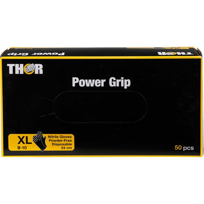 Uma caixa preto-amarela de luvas de nitrilo Thor Power Grip, Preto da Abena Re-Seller GmbH, tamanho XL (9-10), sem pó, descartável, 24 cm de comprimento, 50 peças por caixa. Com informações do produto e imagem da luva na frente; ideal para treino de força.