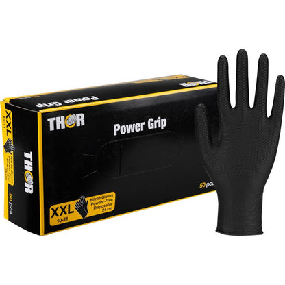 Uma caixa preta com a inscrição "Thor Power Grip, Preto" da Abena Re-Seller GmbH em tamanho XXL contém 50 luvas de nitrilo pretas para treino de força ou levantamento de peso. Uma luva está em pé ao lado da caixa.