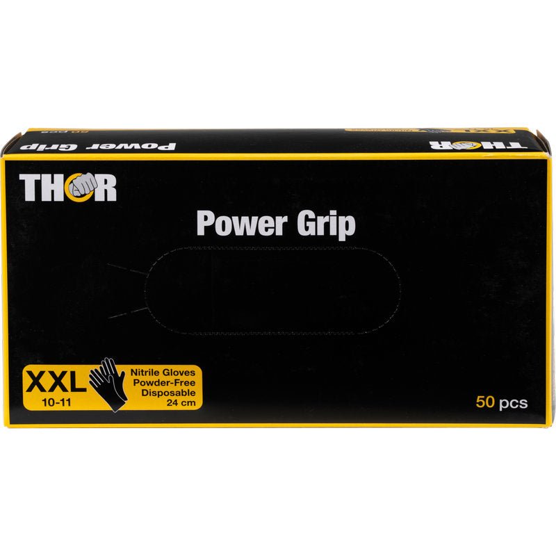 A caixa Thor Power Grip, Preto da Abena Re-Seller GmbH contém 50 luvas descartáveis de nitrilo preto-amarelas, sem pó, no formato XXL (10-11). A inscrição de treino de força está impressa na frente em branco e amarelo.
