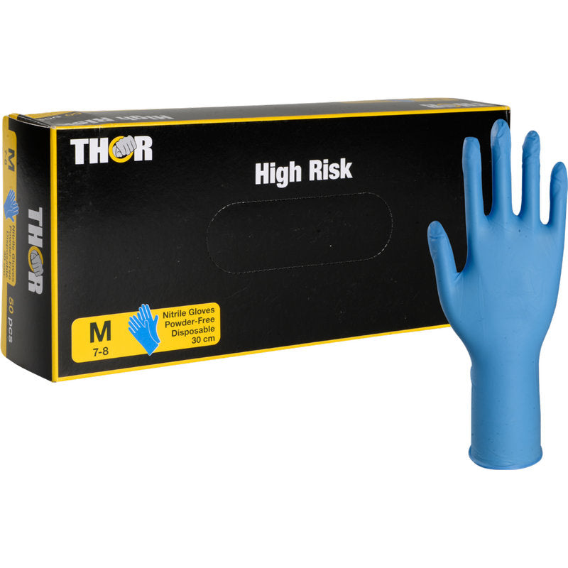 Aufrecht steht eine mittelgroße Schachtel mit der Aufschrift "Thor High Risk Nitril-Handschuhe, Blau, 30 cm" der Abena Re-Seller GmbH. Die puderfreien Handschuhe sind Einweghandschuhe und bieten Chemikalienschutz.