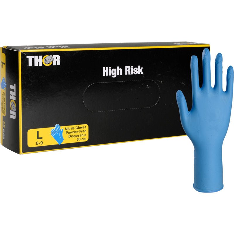 Uma caixa com a inscrição "Thor High Risk Nitril-Handschuhe, Azul, 30 cm" da Abena Re-Seller GmbH contém uma luva de nitrilo azul. A embalagem em amarelo e azul indica a proteção química, o tamanho L (8-9), a ausência de pó e o comprimento de 30 cm.