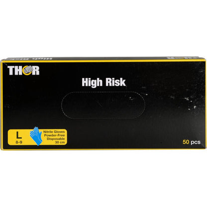 Uma caixa preta com a inscrição "Thor High Risk Nitril-Handschuhe, Azul, 30 cm" da Abena Re-Seller GmbH contém 50 grandes (8-9) luvas de nitrilo azul, sem pó, descartáveis para proteção química, com um símbolo de luva e informações amarelas na frente.