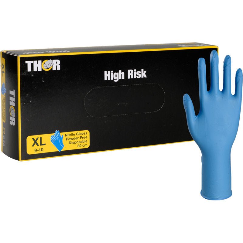 Uma caixa preta com a inscrição "Thor High Risk Nitril-Handschuhe, Azul, 30 cm" da Abena Re-Seller GmbH está ilustrada com uma luva de nitrilo azul em pé. A caixa de proteção química indica que as luvas são XL, sem pó, descartáveis e têm 30 cm de comprimento.