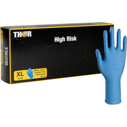 Uma caixa preta com a inscrição "Thor High Risk Nitril-Handschuhe, Azul, 30 cm" da Abena Re-Seller GmbH está ilustrada com uma luva de nitrilo azul em pé. A caixa de proteção química indica que as luvas são XL, sem pó, descartáveis e têm 30 cm de comprimento.