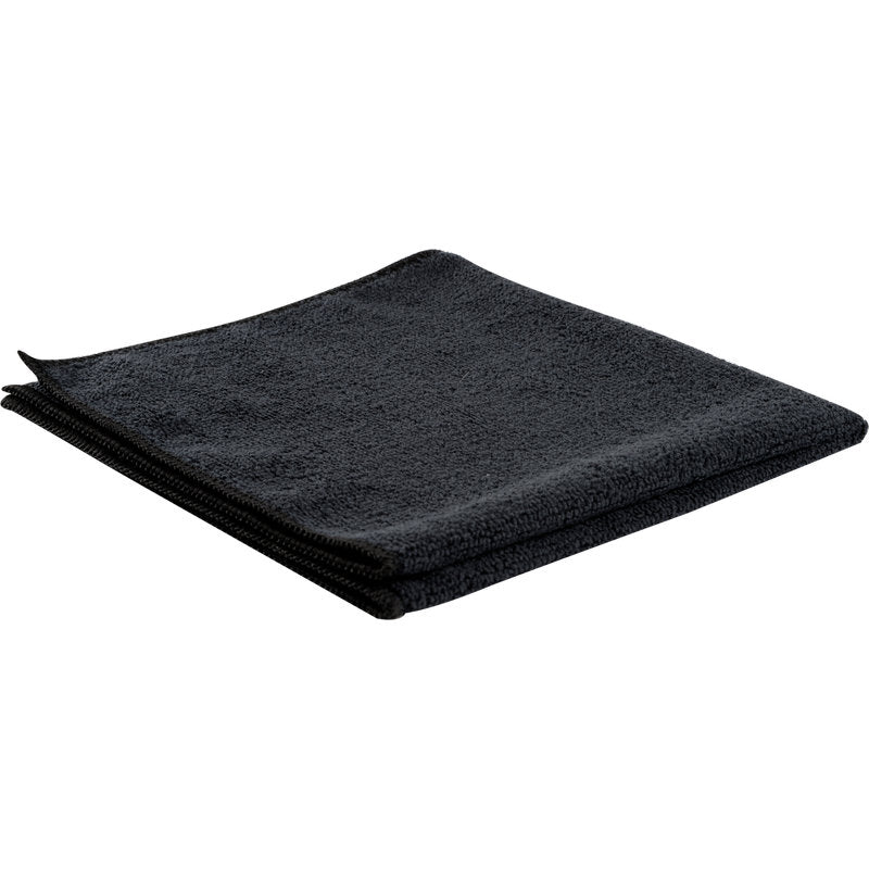 Um pano de microfibra ENA Standard limpo e dobrado da Abena Re-Seller GmbH (40x40 cm, preto) é apresentado sobre uma superfície plana branca, mostrando sua estrutura de microfibra suave e as bordas bem acabadas.