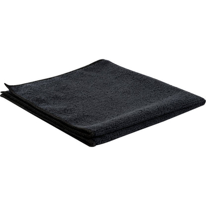 Um pano de microfibra ENA Standard limpo e dobrado da Abena Re-Seller GmbH (40x40 cm, preto) é apresentado sobre uma superfície plana branca, mostrando sua estrutura de microfibra suave e as bordas bem acabadas.