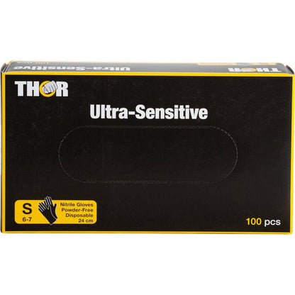 Uma caixa preta com a inscrição "Thor Ultra Sensitive, luva de nitrilo, preta" da Abena Re-Seller GmbH contém 100 luvas de nitrilo pequenas (6-7) com acentos amarelos e um gráfico de luva no canto inferior esquerdo.