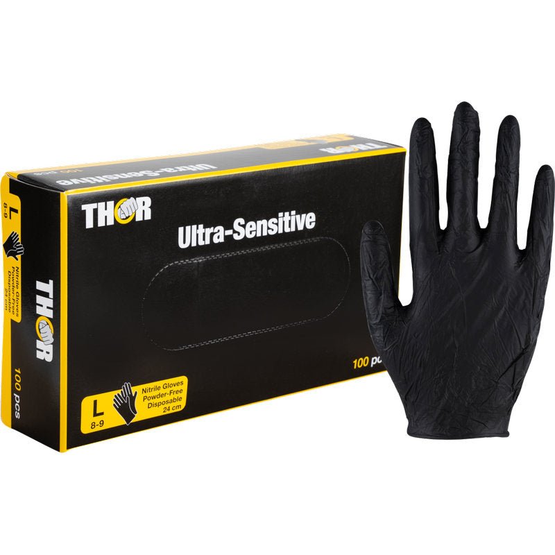 Uma caixa de luvas de nitrilo Thor Ultra Sensitive da Abena Re-Seller GmbH, preta, tamanho grande (100 unidades), com uma luva preta ilustrada à direita.