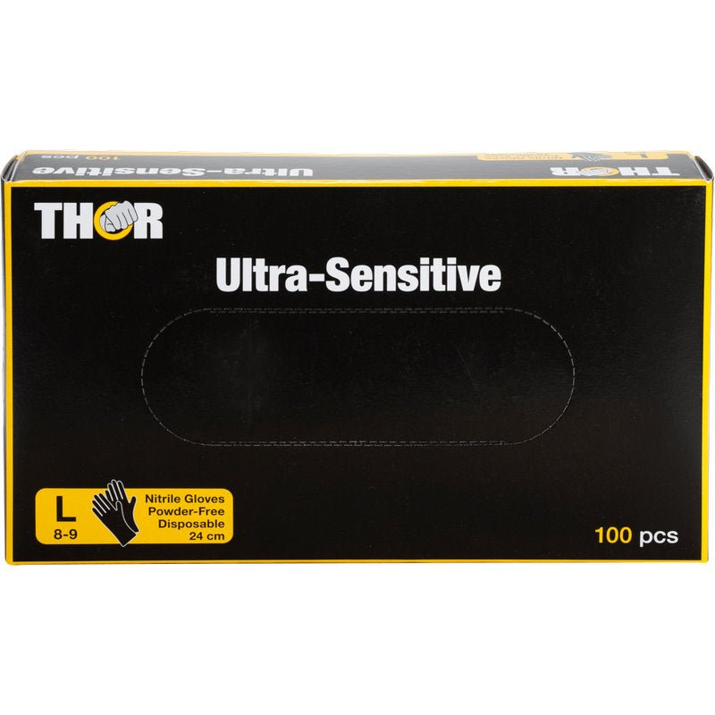 Uma caixa preta da Abena Re-Seller GmbH com a inscrição "Thor Ultra Sensitive, luva de nitrilo, preta" contém 100 luvas grandes (8-9), sem pó, descartáveis, em nitrilo, cada uma com 24 cm de comprimento.