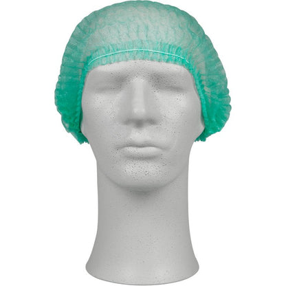 Uma cabeça de manequim branca exibe uma touca verde de PP da Abena Re-Seller GmbH, ideal para proteção higiênica na área médica ou na gastronomia. O manequim está voltado para frente e está diante de um fundo simples.