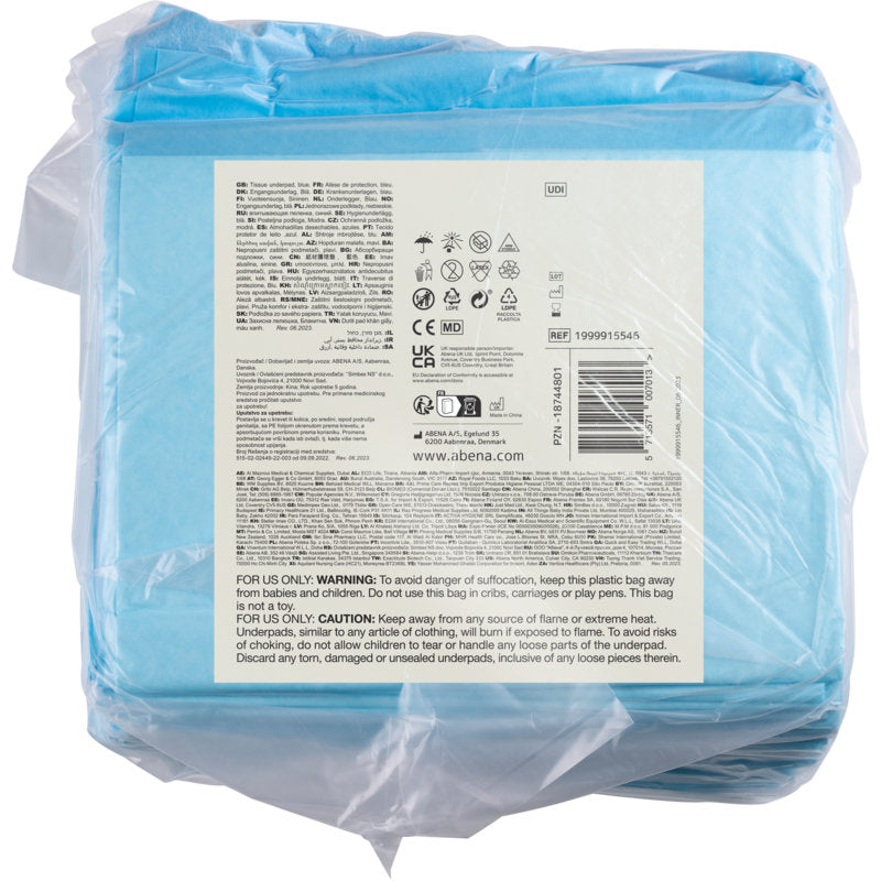 Eine durchsichtige Kunststoffverpackung enthält 25 Paar blaue ABENA Tissue Einweg-Unterlagen (6-lagig, 60x60 cm) der Abena Re-Seller GmbH; auf dem Rückenetikett befinden sich Produktinformationen, Sicherheitshinweise, Gebrauchsanweisungen und Recycling-Symbole in verschiedenen Sprachen.