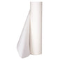 Um grande papel Abena Re-Seller GmbH Liegenrollen Perfurado, 2 camadas, 50 cm x 50 m, Branco (Caixa com 9 pacotes), com uma borda desenrolada, está de pé verticalmente diante de um fundo branco simples.
