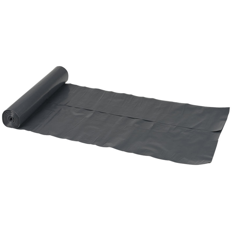 Um rolo de sacos de lixo Abena Re-Seller GmbH 120 L (700x1100 mm, 70 my LDPE, Preto, rolo com 10 sacos) está parcialmente desenrolado, com vários sacos interligados deitados planos sobre um fundo branco.