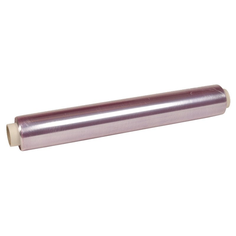 Um rolo de película aderente Abena Re-Seller GmbH, PVC, 8my com tampas cilíndricas brancas é apresentado contra um fundo branco simples, ideal para armazenar alimentos.