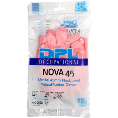 Uma embalagem de plástico transparente contém luvas domésticas de látex rosa da Abena Re-Seller GmbH, com símbolos de certificação e tamanho 6-6½.