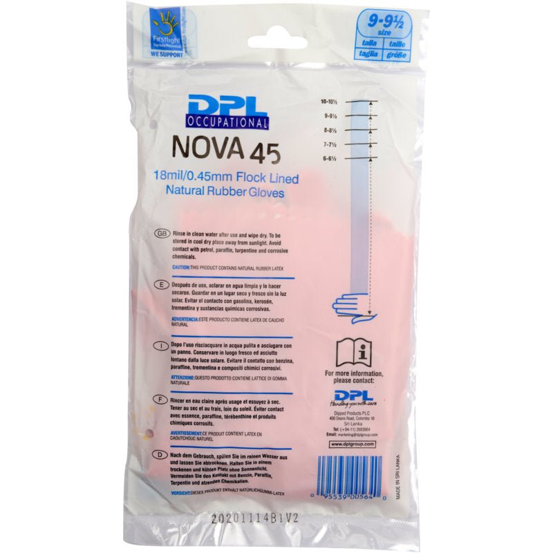 Uma embalagem de plástico transparente contém luvas domésticas de látex da Abena Re-Seller GmbH, Rosa. Na embalagem estão indicados o tamanho, espessura de 18mil/0,45mm, forro flocado, instruções de uso e cuidados. As luvas rosas são visíveis no interior.