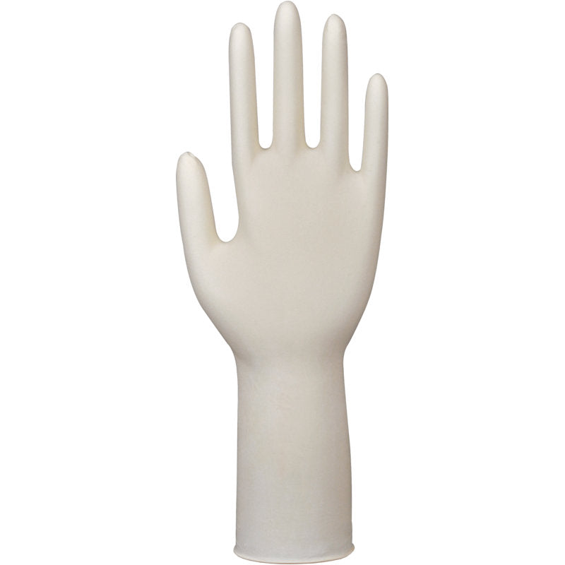 Ein einzelner Abena Re-Seller GmbH Latex-Handschuhe Classic, puderfrei, lang, natur ist aufrecht stehend mit ausgestreckten Fingern, von der Handfläche aus gesehen, dargestellt.
