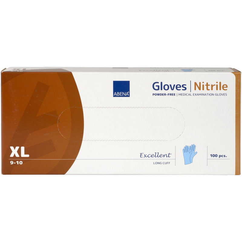 Die rechteckige Box "Nitril-Handschuhe Excellent, Puderfrei, Lang, Blau" von Abena Re-Seller GmbH enthält 100 medizinische Untersuchungshandschuhe in Größe XL (9-10) und zeigt vorne einen blauen Handschuh.