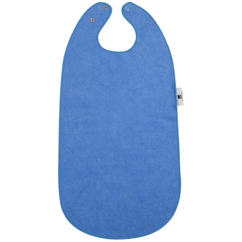 O "Babete Lavável p/ Crianças, 28x58,5 cm, Azul" da Abena Re-Seller GmbH é um babete azul lavável com dois botões de metal no pescoço e uma etiqueta branca na borda direita, plano sobre fundo branco. Vendido em caixas (pack de 10).