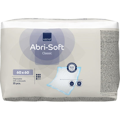 Uma embalagem com 25 almofadas descartáveis Abena Re-Seller GmbH Abri-Soft Classic, 60x60 cm, Azul. A embalagem mostra detalhes do produto, uma imagem da almofada e símbolos de certificação.