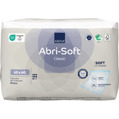 A embalagem de 25 unidades da Abena Re-Seller GmbH almofada descartável, Abri-Soft Classic (60x60 cm, Azul) oferece uma superfície macia, proteção higiênica e impermeável, além de uma certificação ecológica.