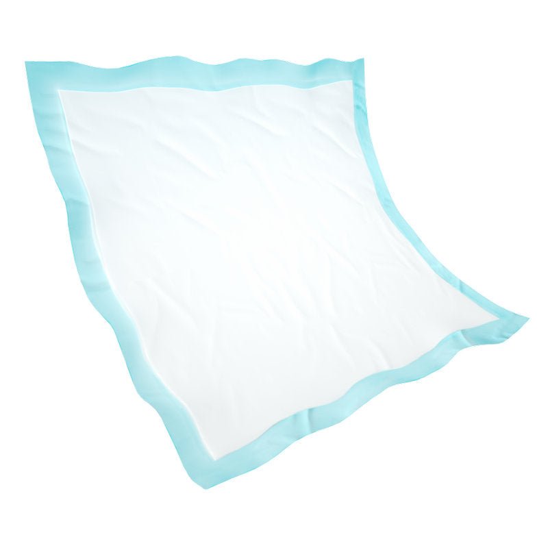 Uma almofada descartável quadrada branca Abena Re-Seller GmbH, Abri-Soft Classic (60x60 cm, Azul), com borda azul clara e bordas onduladas, está disposta sobre um fundo branco liso. A embalagem contém 25 unidades.