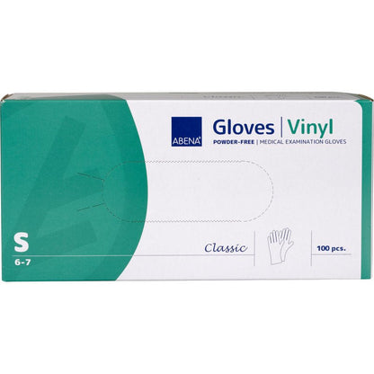 Uma caixa de luvas de vinil Classic da Abena Re-Seller GmbH, sem pó e transparente, tamanho pequeno (6-7), contém 100 luvas descartáveis. A embalagem branca e verde menciona detalhes do produto e mostra uma imagem de luva.