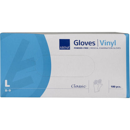Uma caixa retangular de luvas de vinil Classic da Abena Re-Seller GmbH, sem pó, transparente, tamanho grande (8-9), com embalagem azul e branca e imagem de luva contém 100 luvas descartáveis para exames médicos.