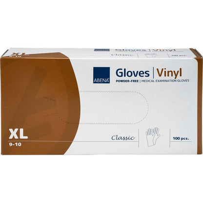 Uma caixa de luvas de vinil Classic da Abena Re-Seller GmbH, sem pó, transparente, tamanho XL (9-10), 100 unidades. A caixa branca tem acentos marrons e azuis e um símbolo de mão.